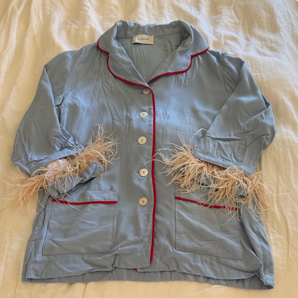 Blue Feather-Trimmed Jacket